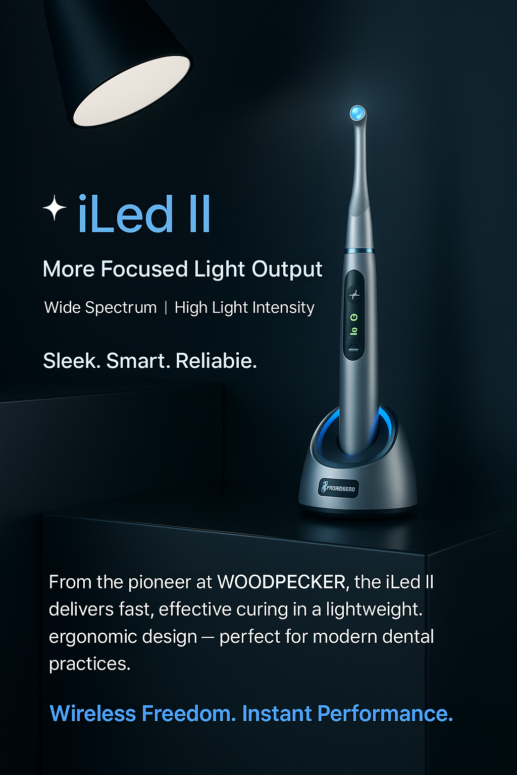 “Woodpecker iLED curing light used by a dentist to speed up composite procedures and increase clinic efficiency”