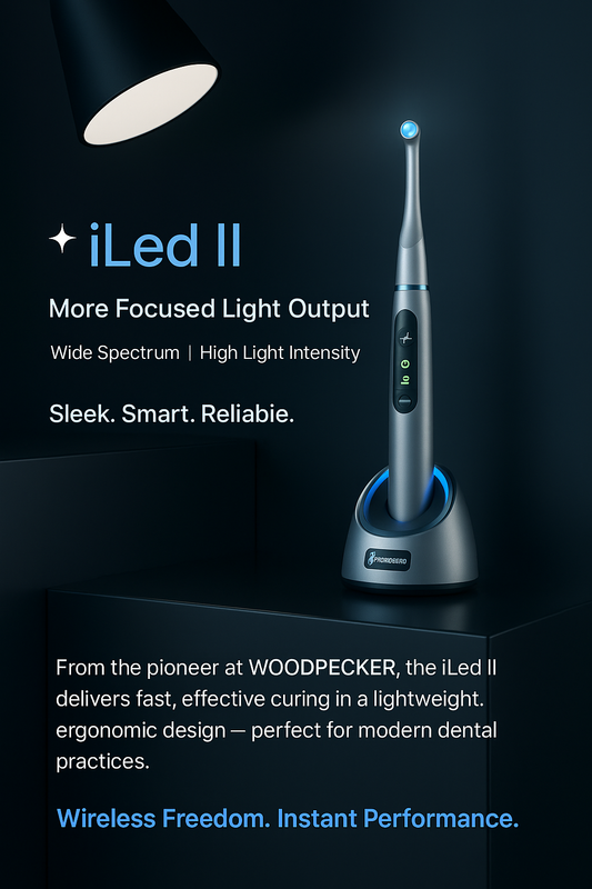 “Woodpecker iLED curing light used by a dentist to speed up composite procedures and increase clinic efficiency”
