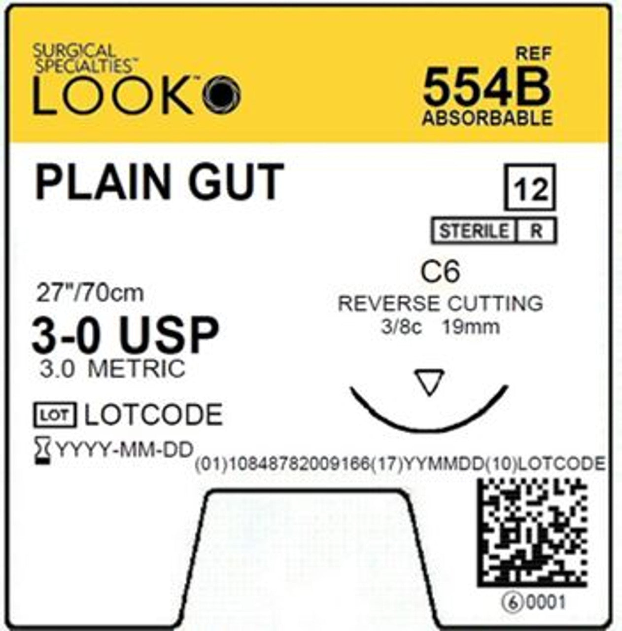 Look Sutures Plain Gut, 3-0, 27" Length, C6 Needle 12/Box #554B