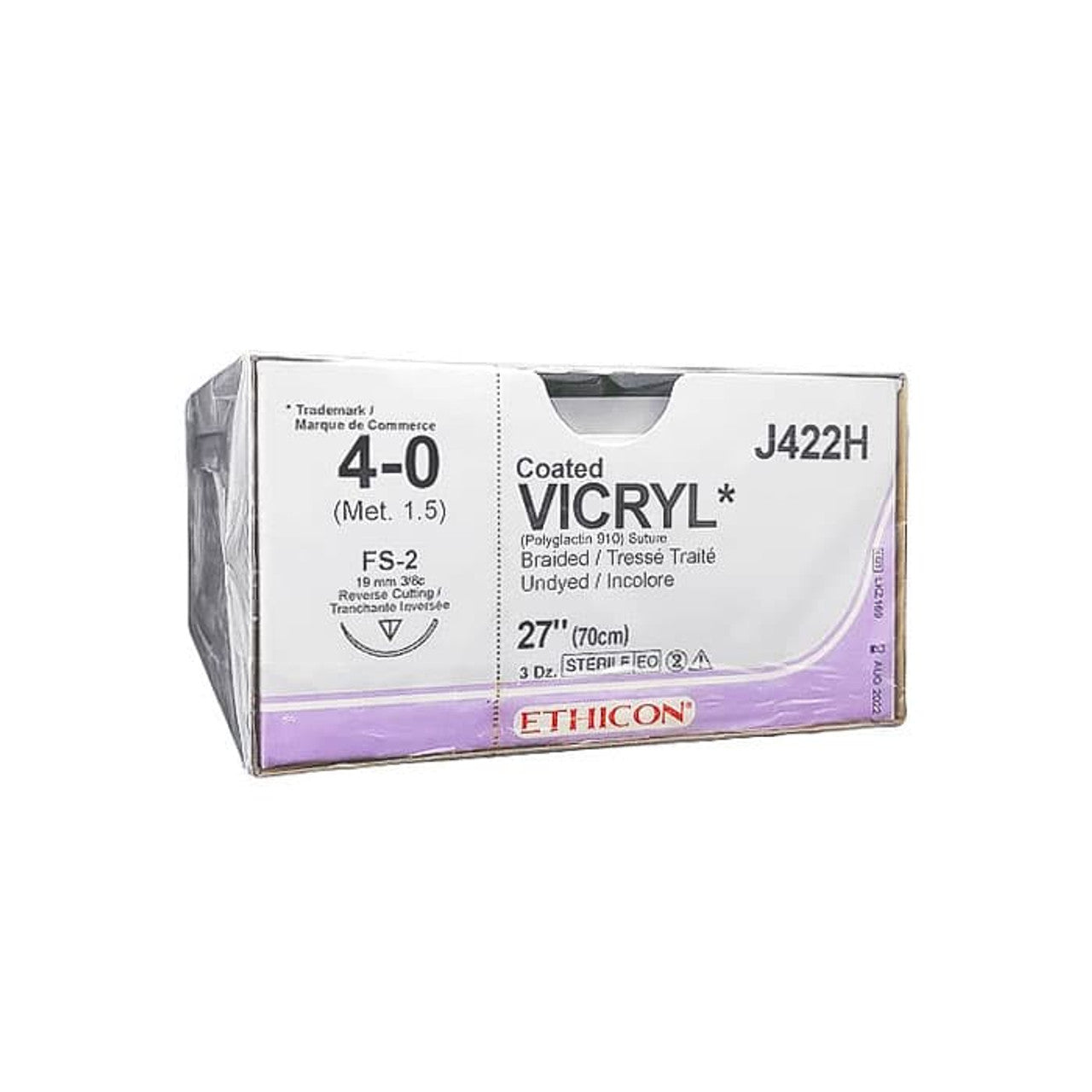 J422H-Ethicon Sutures. Vicryl. 4-0-FS-2 27" Undyed 36/Box
