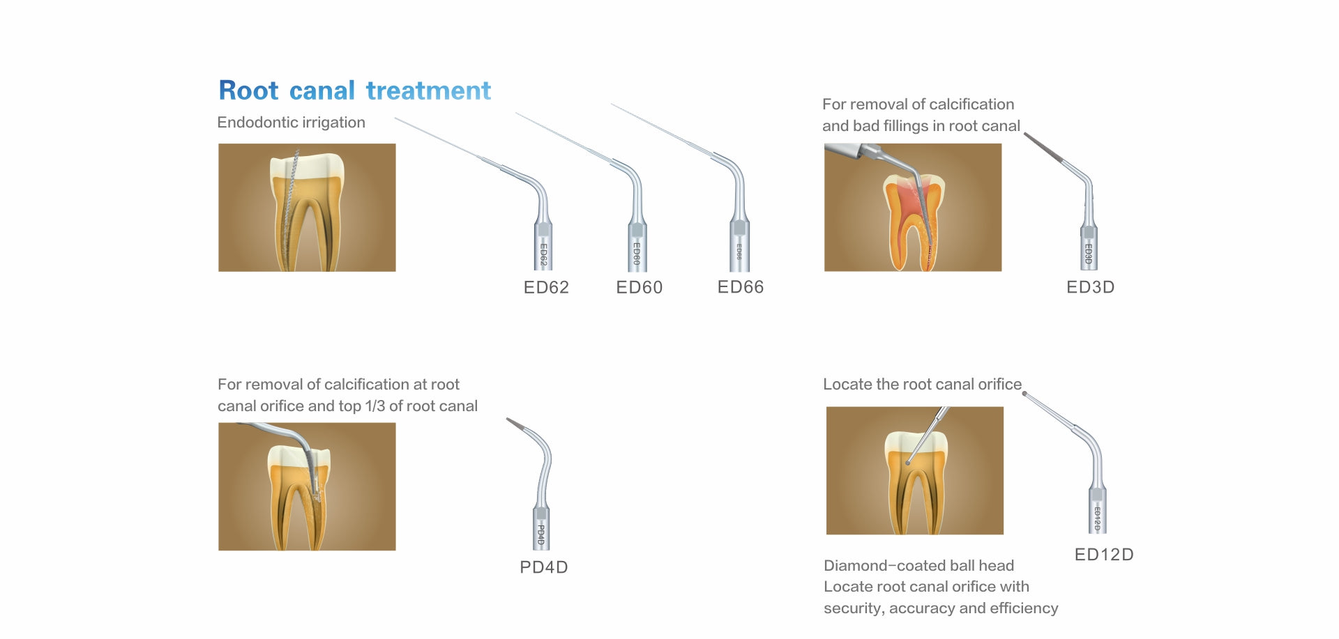 Root canal treatment tips for ultrasonic scalers – ED62, ED60, ED66, ED33, PD4D, and ED12D tips for endodontic irrigation, calcification removal, and accurate root canal orifice location in dental procedures.
