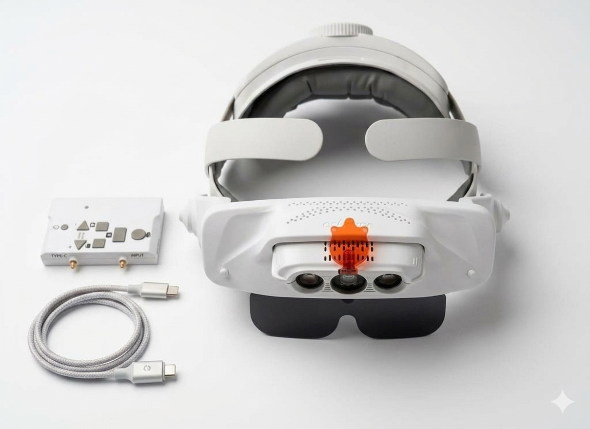 arLoupe G-L3508 3.5x 8x digital dental loupe upper view with controller and charging cable