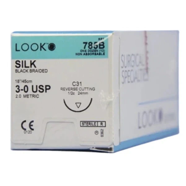 Look Sutures Silk, Black Braided, 3-0, 18" Length, C31 Needle 12/Box #785B