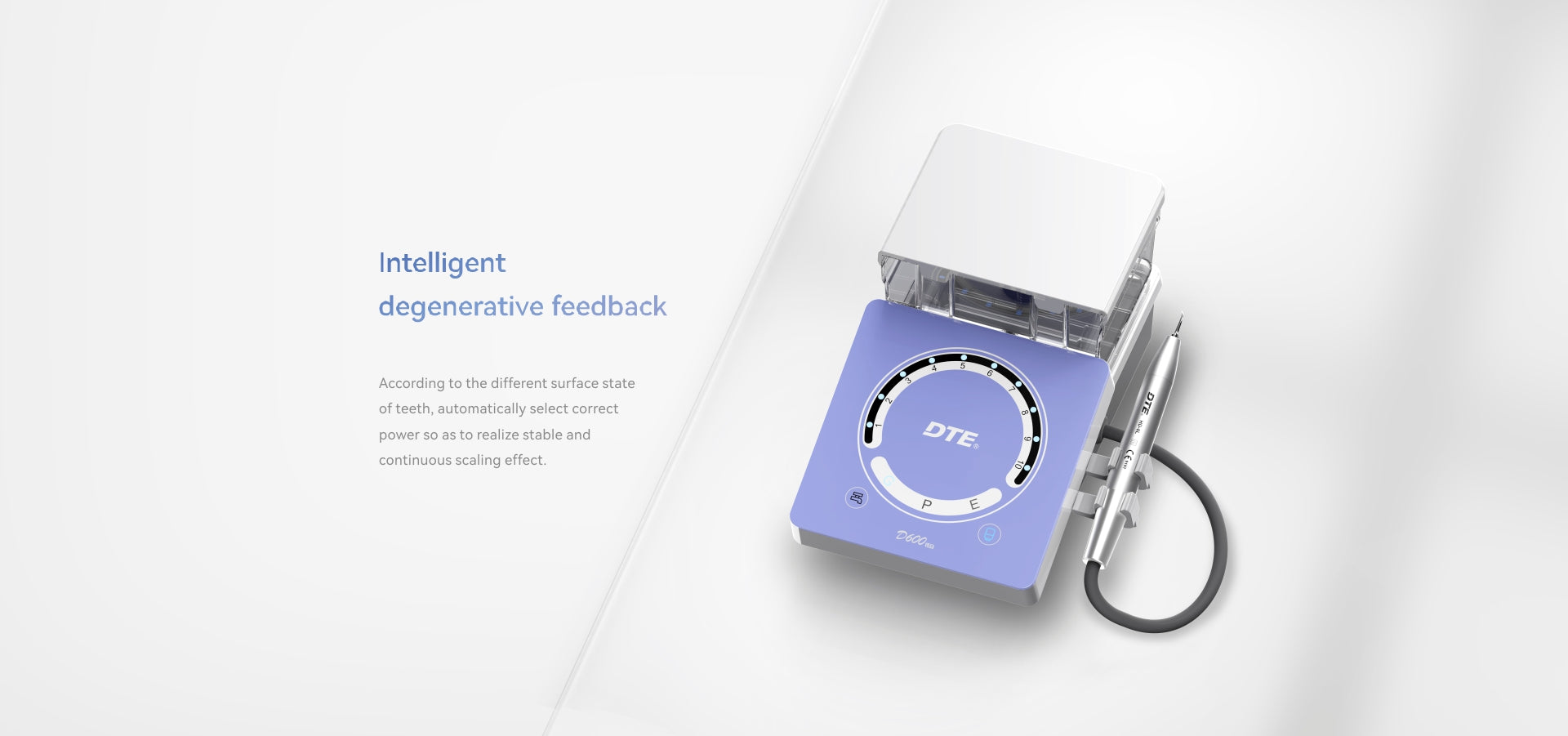 Side profile of the Woodpecker D600 Ultrasonic Scaler, highlighting its compact structure and detachable LED handpiece, designed for improved maneuverability and high-precision dental scaling.