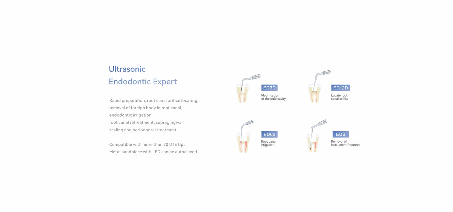 Woodpecker D600 Ultrasonic Scaler with specialized endodontic functions, including root canal preparation, pulp cavity modification, endodontic irrigation, and removal of foreign bodies. Compatible with over 70 DTE tips for comprehensive dental treatments