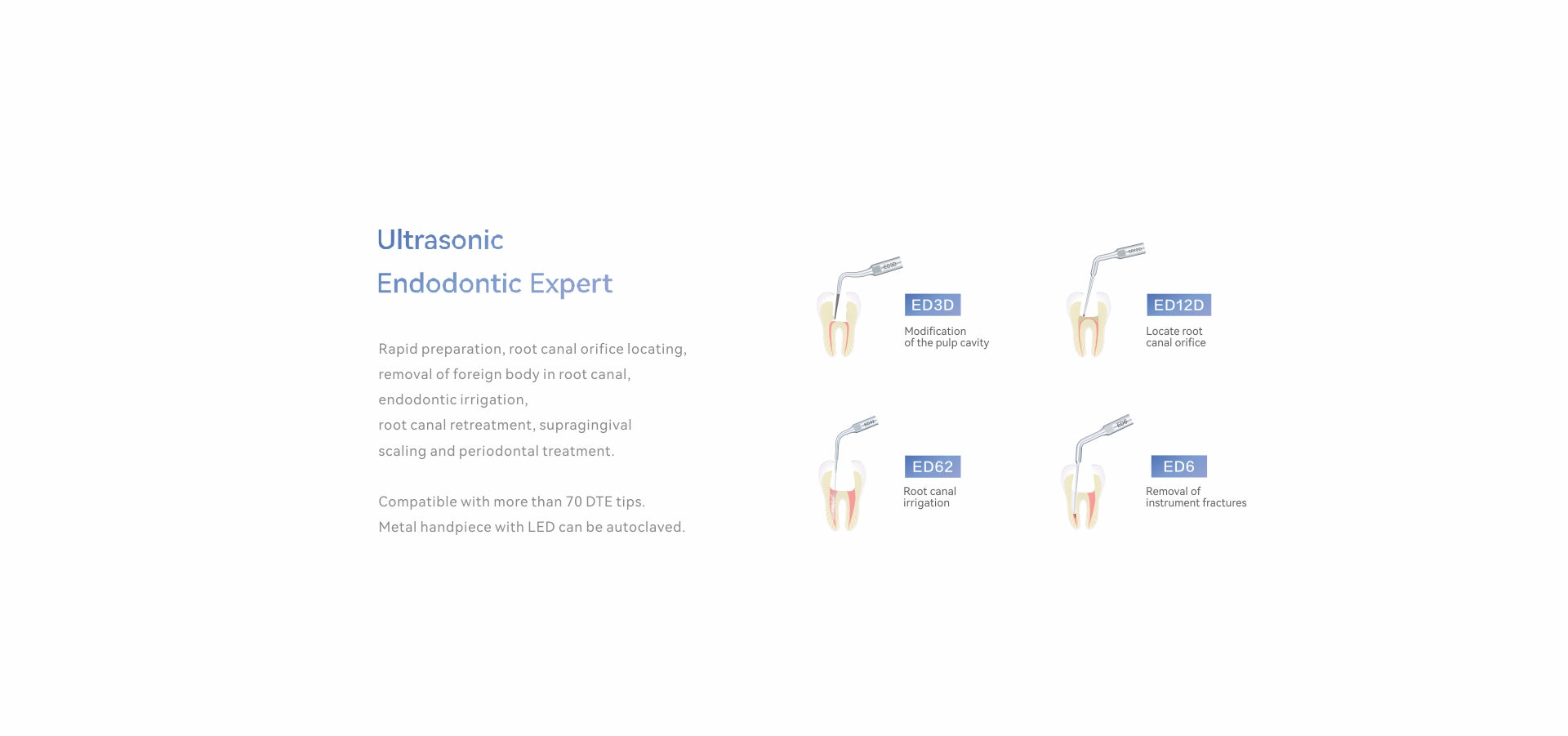 Woodpecker D600 Ultrasonic Scaler with specialized endodontic functions, including root canal preparation, pulp cavity modification, endodontic irrigation, and removal of foreign bodies. Compatible with over 70 DTE tips for comprehensive dental treatments