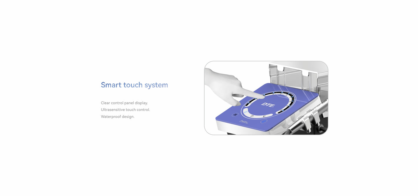 High-resolution waterproof touch screen of the Woodpecker D600 Ultrasonic Scaler, offering ultra-sensitive controls for seamless power adjustments, frequency modulation, and customizable treatment modes.