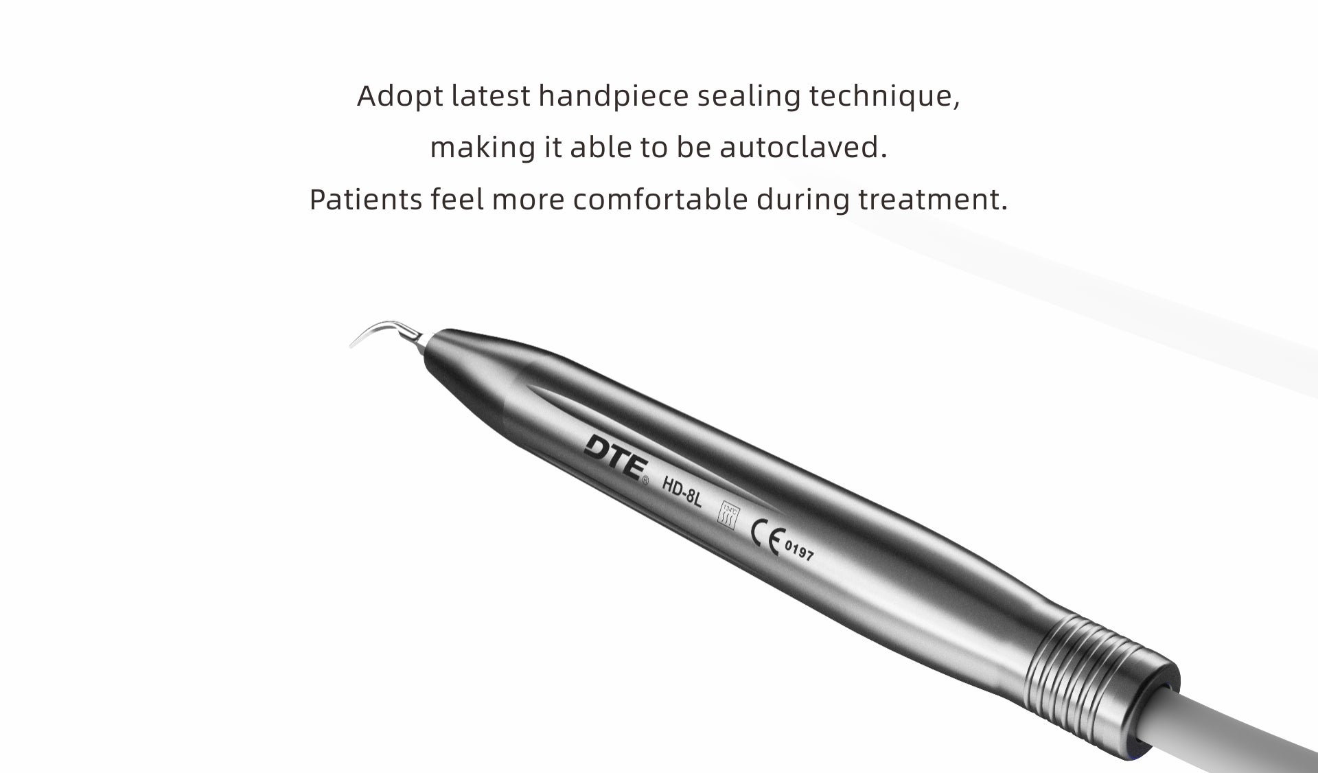 woodpecker DTE HD-8L LED ultrasonic scaler handpiece – ergonomic, autoclavable handpiece with advanced sealing technology for enhanced durability and precise scaling in professional dental procedures.