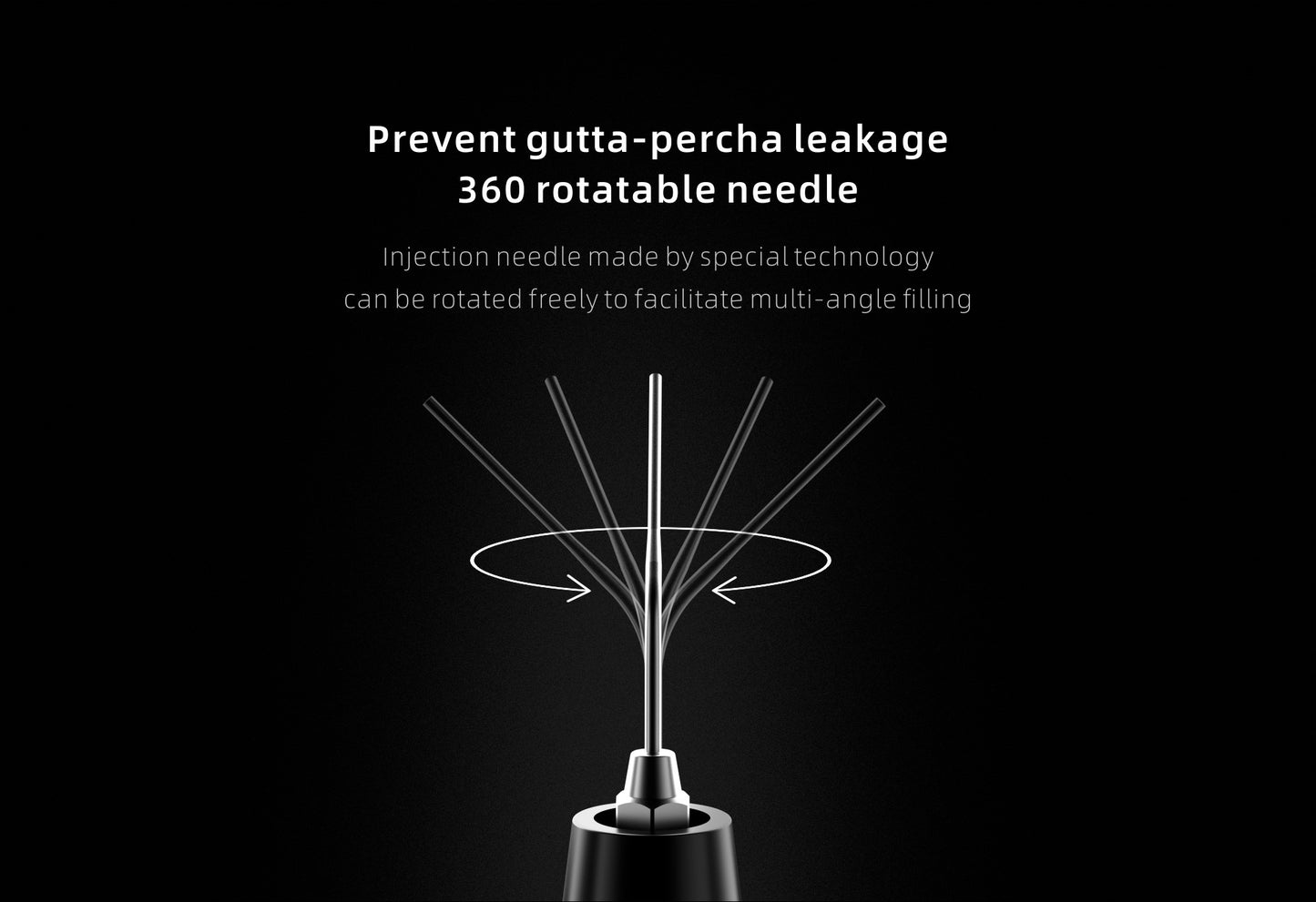 Woodpecker Fi-G obturation system featuring a 360-degree rotatable gutta-percha injection needle. Designed with advanced technology to prevent leakage and enable multi-angle filling for precise endodontic procedures.