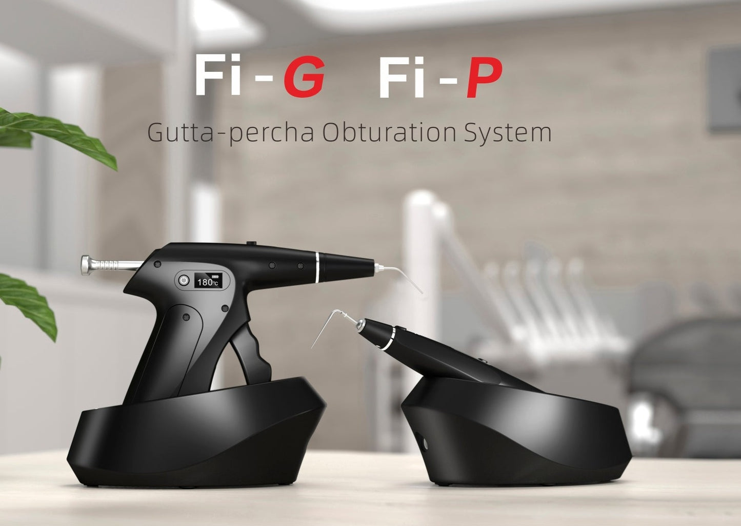 Woodpecker Fi-G and Fi-P gutta-percha obturation system for endodontic procedures. The Fi-G model features a 360° rotatable injection needle and anti-return mechanism, while the Fi-P model offers a pre-bent tip and rapid heating for precise root canal filling.