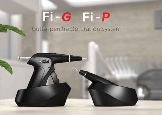 Woodpecker Fi-G and Fi-P gutta-percha obturation system for endodontic procedures. The Fi-G model features a 360° rotatable injection needle and anti-return mechanism, while the Fi-P model offers a pre-bent tip and rapid heating for precise root canal filling.