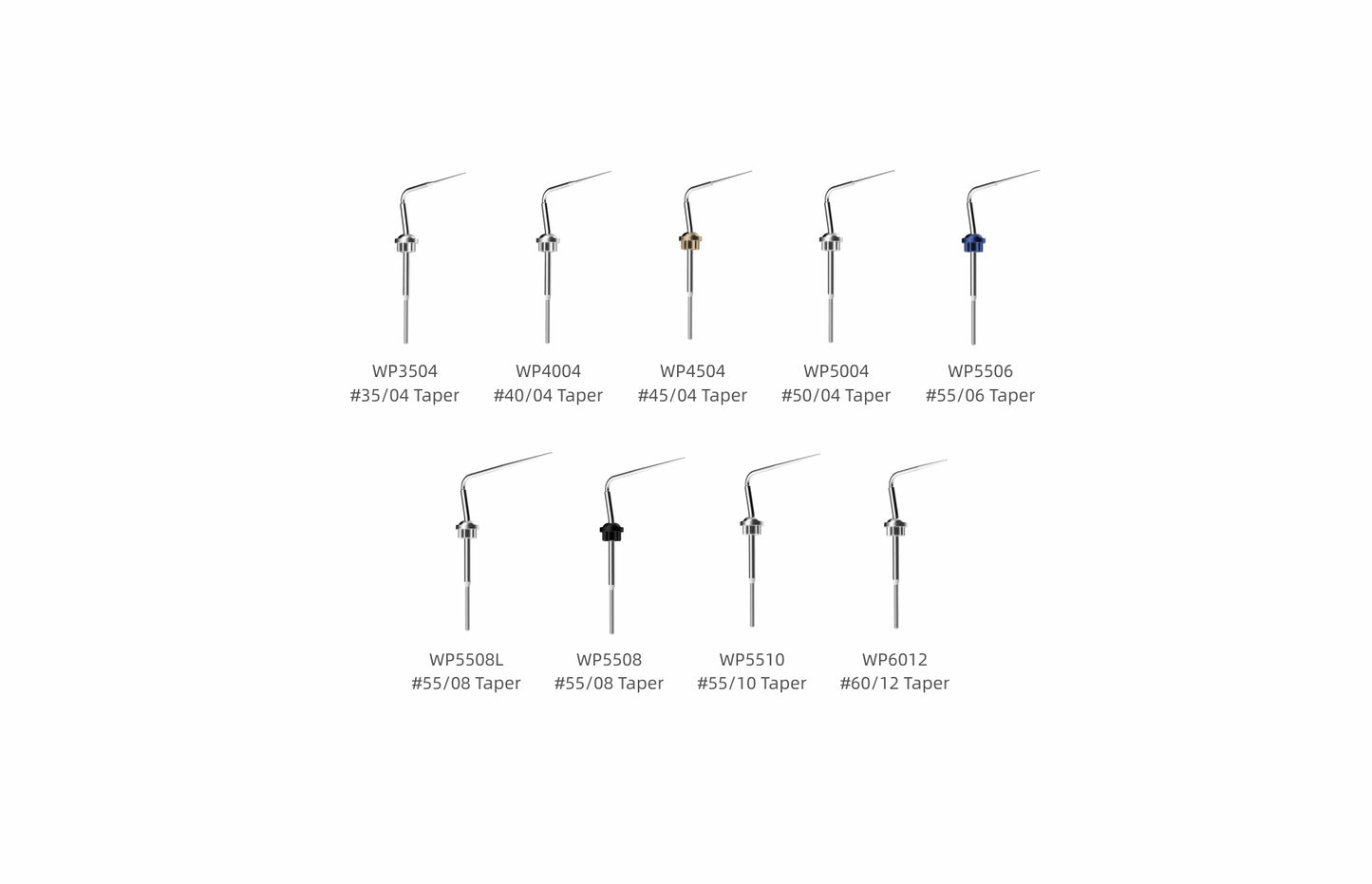 Woodpecker Fi-G and Fi-P obturation system tips in various taper sizes, including WP3504 (#35/04), WP4004 (#40/04), WP4504 (#45/04), WP5004 (#50/04), WP5506 (#55/06), and larger tapers like WP5508, WP5510, and WP6012. Designed for precise gutta-percha delivery in endodontic procedures.