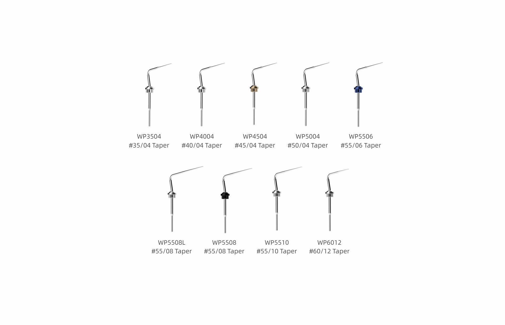Woodpecker Fi-G and Fi-P obturation system tips in various taper sizes, including WP3504 (#35/04), WP4004 (#40/04), WP4504 (#45/04), WP5004 (#50/04), WP5506 (#55/06), and larger tapers like WP5508, WP5510, and WP6012. Designed for precise gutta-percha delivery in endodontic procedures.