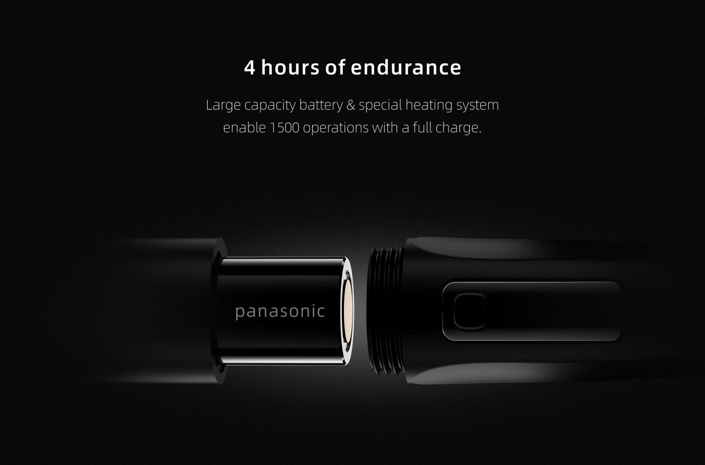 Woodpecker Fi-G and Fi-P gutta-percha obturation system featuring a Panasonic battery with 4-hour endurance. The high-capacity battery and special heating system enable up to 1,500 operations per full charge, ensuring efficiency for endodontic procedures.