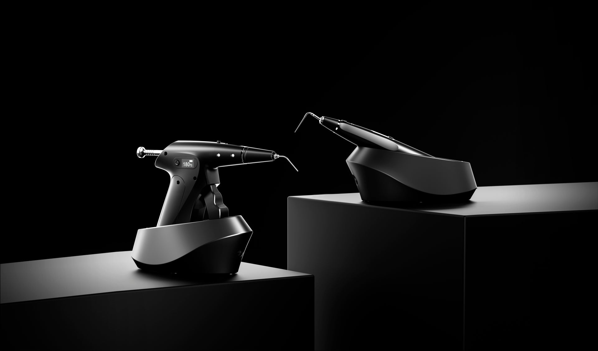 Woodpecker Fi-G and Fi-P wireless gutta-percha obturation devices, designed for precise root canal filling. The Fi-G model features a vertical ergonomic design, while the Fi-P model offers a horizontal structure for versatile handling and efficiency.