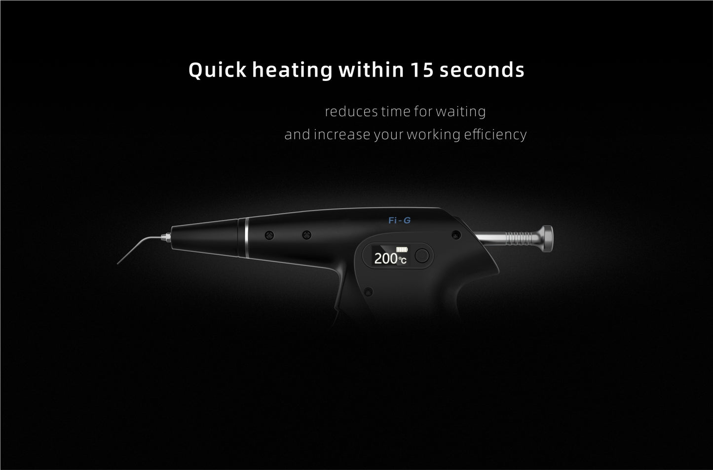Woodpecker Fi-G gutta-percha obturation device featuring quick heating within 15 seconds and precise temperature control up to 200°C. Designed for efficient root canal filling, reducing wait time and improving workflow efficiency for endodontic procedures.
