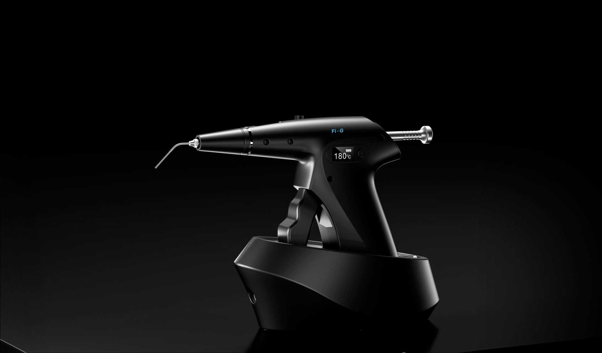 Woodpecker Fi-G wireless gutta-percha obturation device with ergonomic design, docking station, and digital temperature display. Features precise temperature control up to 180°C for efficient and accurate endodontic root canal filling.