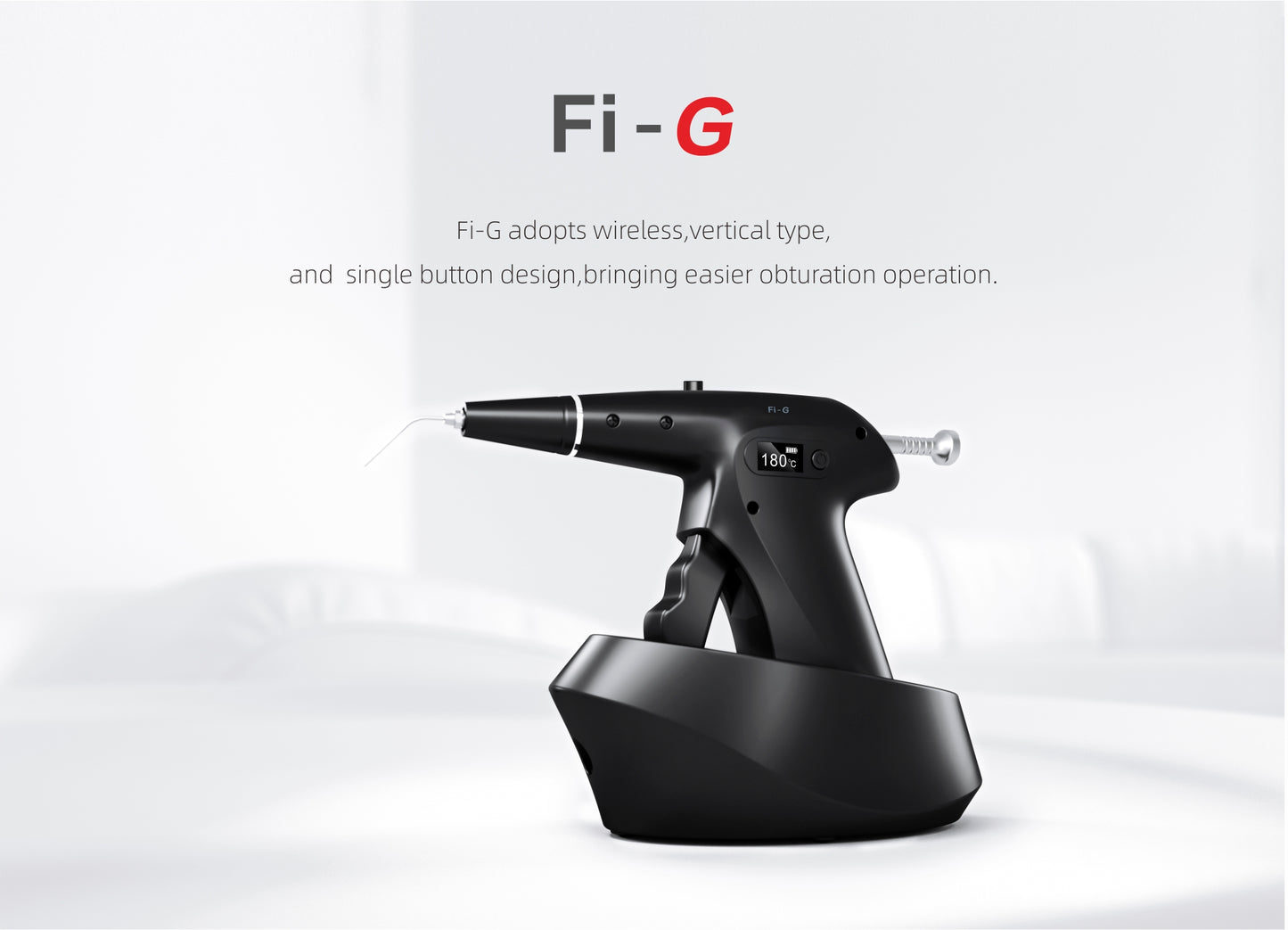 Woodpecker Fi-G wireless gutta-percha obturation device with a vertical ergonomic design and single-button operation. Features a digital display for temperature control, ensuring precise and efficient root canal filling.