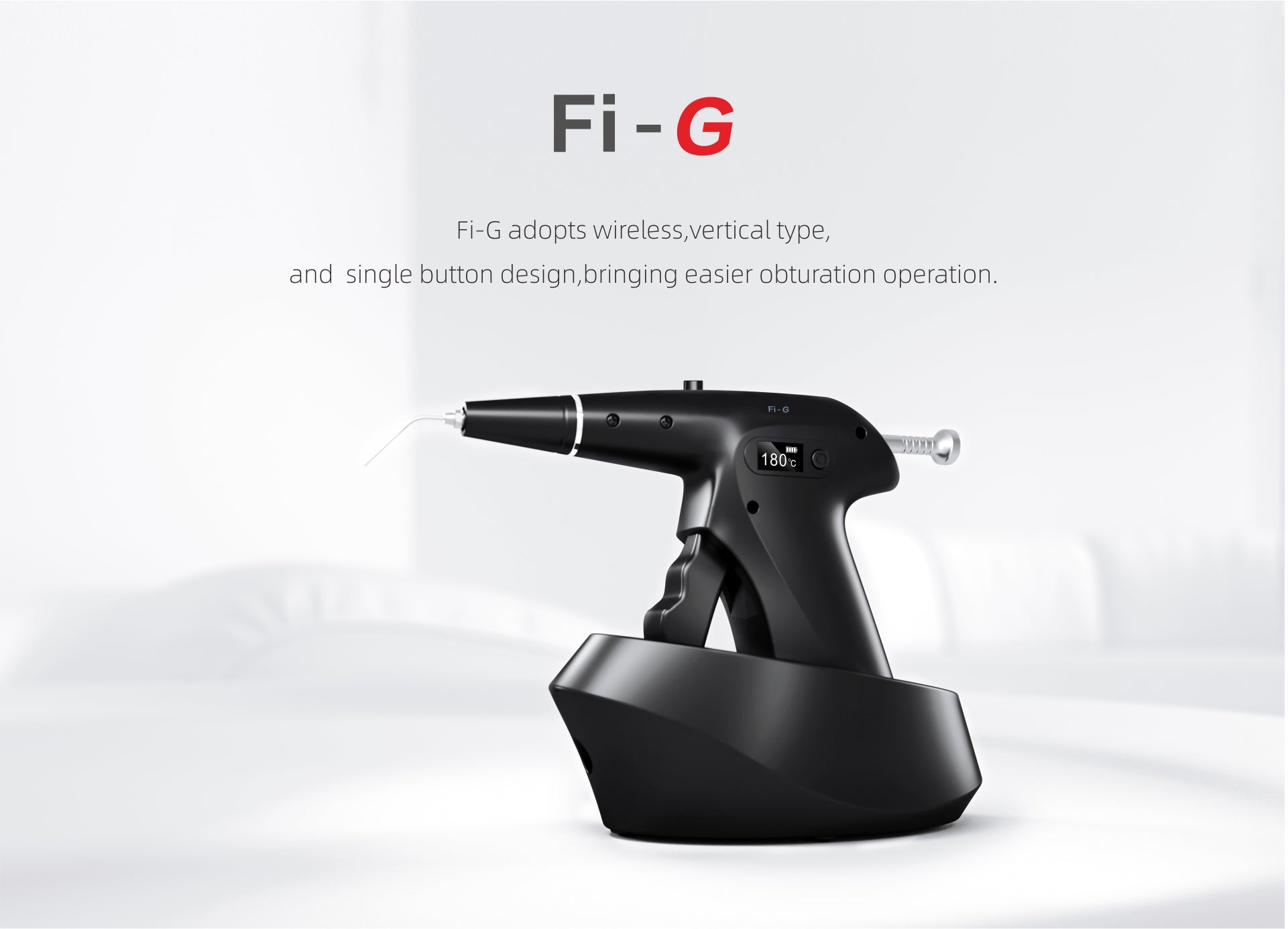 Woodpecker Fi-G wireless gutta-percha obturation device with a vertical ergonomic design and single-button operation. Features a digital display for temperature control, ensuring precise and efficient root canal filling.