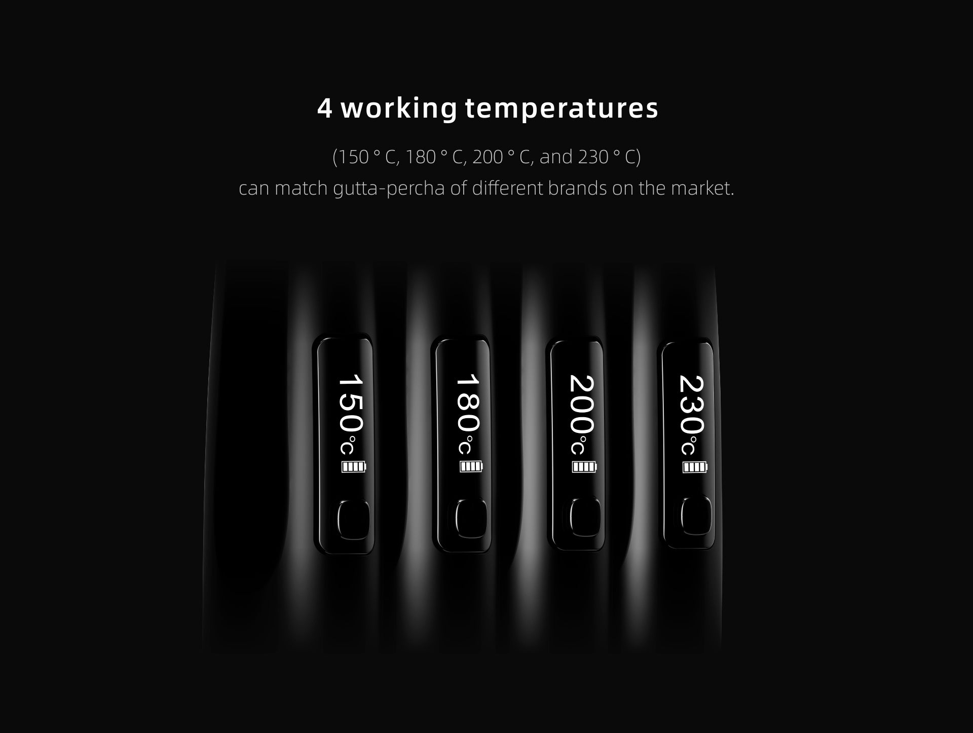 Woodpecker Fi-P gutta-percha obturation device with four adjustable temperature settings (150°C, 180°C, 200°C, 230°C), compatible with various gutta-percha brands for precise and efficient root canal filling.