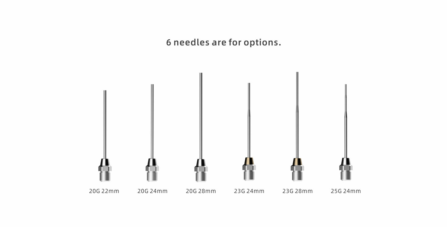 Set of six gutta-percha obturation needles for the Woodpecker Fi-P system, available in multiple sizes: 20G (22mm, 24mm, 28mm), 23G (24mm, 28mm), and 25G (24mm). Designed for precise and efficient root canal filling in endodontic procedures