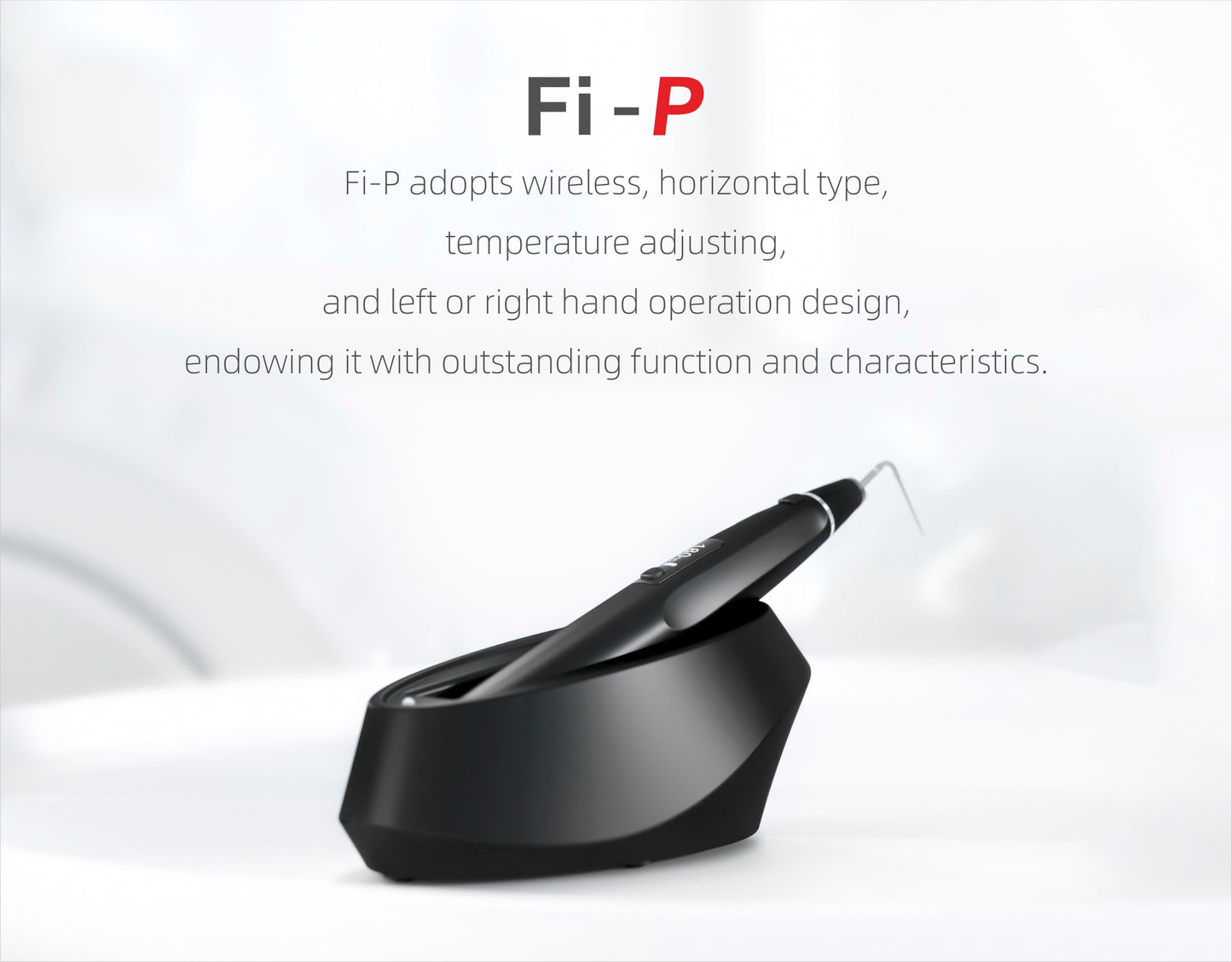 Woodpecker Fi-P wireless gutta-percha obturation device with a horizontal ergonomic design, adjustable temperature settings, and ambidextrous operation for left- and right-handed users. Designed for precise and efficient endodontic root canal filling.