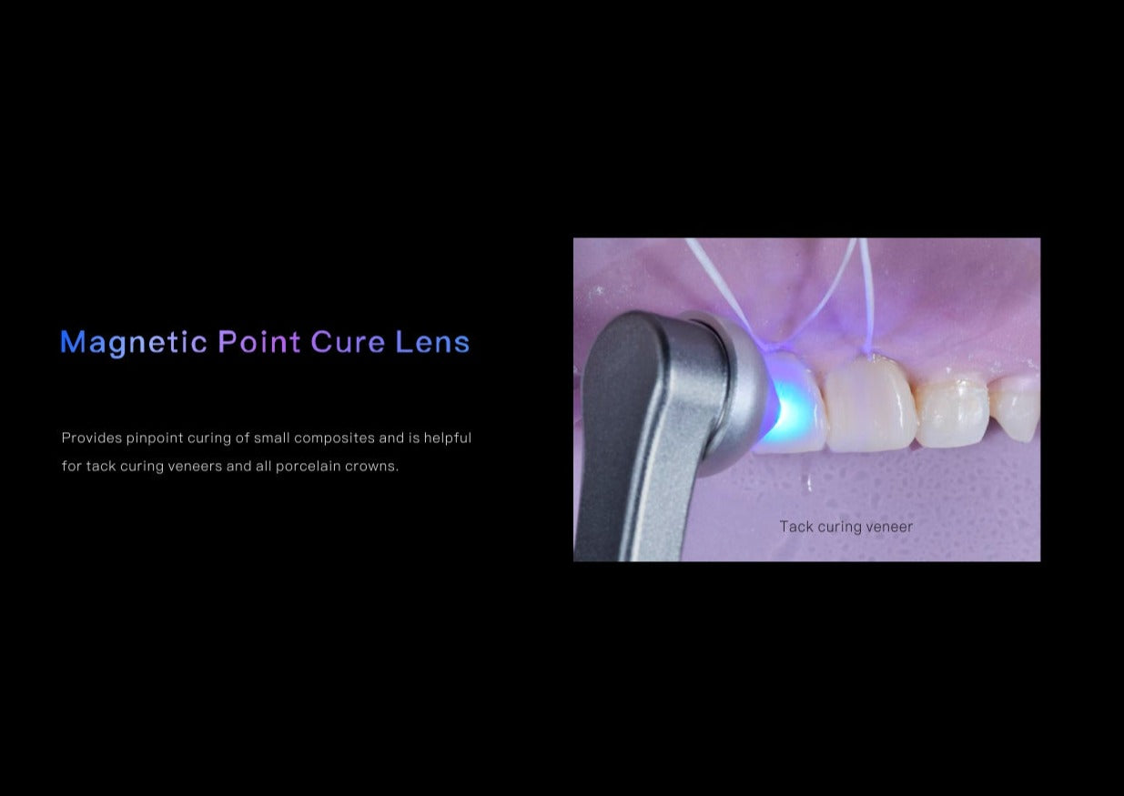 Woodpecker iLED II curing light with a magnetic point cure lens, providing pinpoint curing for small composite restorations. Ideal for tack curing veneers and porcelain crowns, ensuring precision and efficiency in dental procedures