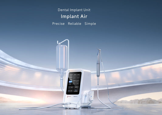 Woodpecker Implant Air dental implant motor with a touchscreen control unit, ergonomic handpiece, irrigation system, and foot pedal. Designed for precision implant placement, sinus lifting, and bone drilling with reliable torque control.