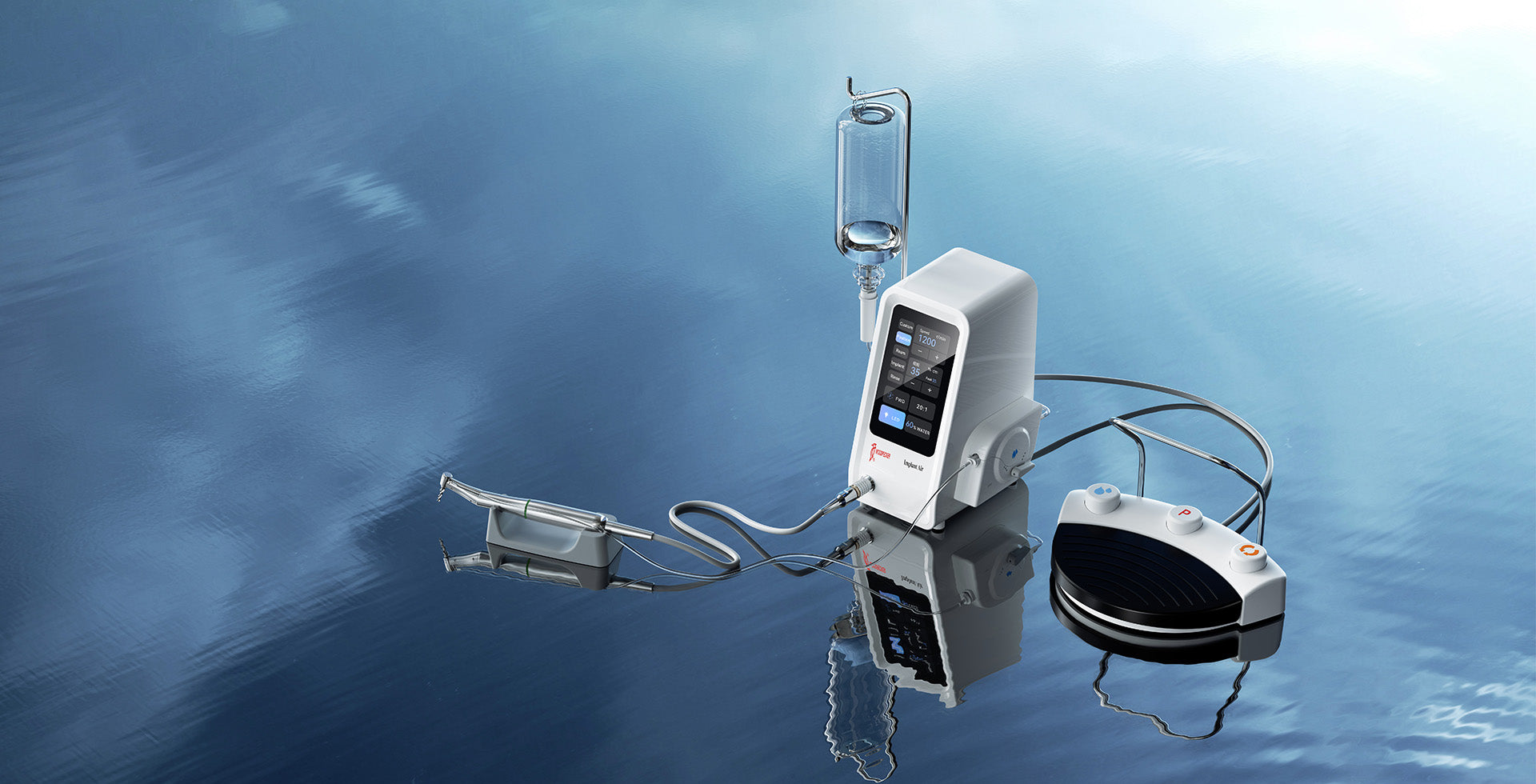 Woodpecker Implant Air dental implant motor with a touchscreen control unit, ergonomic handpiece, transparent irrigation bottle, and foot pedal. Designed for precision implant placement, bone drilling, and sinus lifting with reliable torque control.