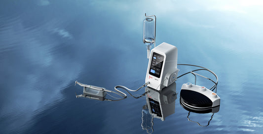 Woodpecker Implant Air dental implant motor with a touchscreen control unit, ergonomic handpiece, transparent irrigation bottle, and foot pedal. Designed for precision implant placement, bone drilling, and sinus lifting with reliable torque control.
