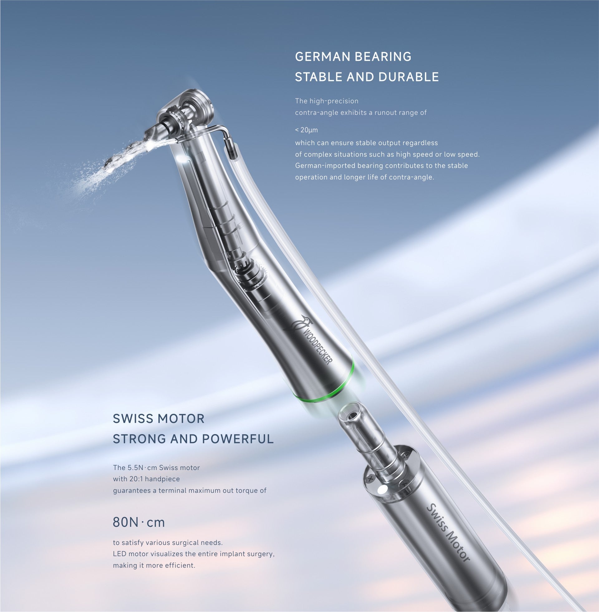 Woodpecker Implant Air high-precision dental handpiece with a Swiss motor and German bearing. The 5.5N·cm Swiss motor with a 20:1 contra-angle delivers up to 80N·cm torque, ensuring stable and powerful implant placement. The German-imported bearing enhances durability and smooth operation, optimizing performance for dental implant surgeries.