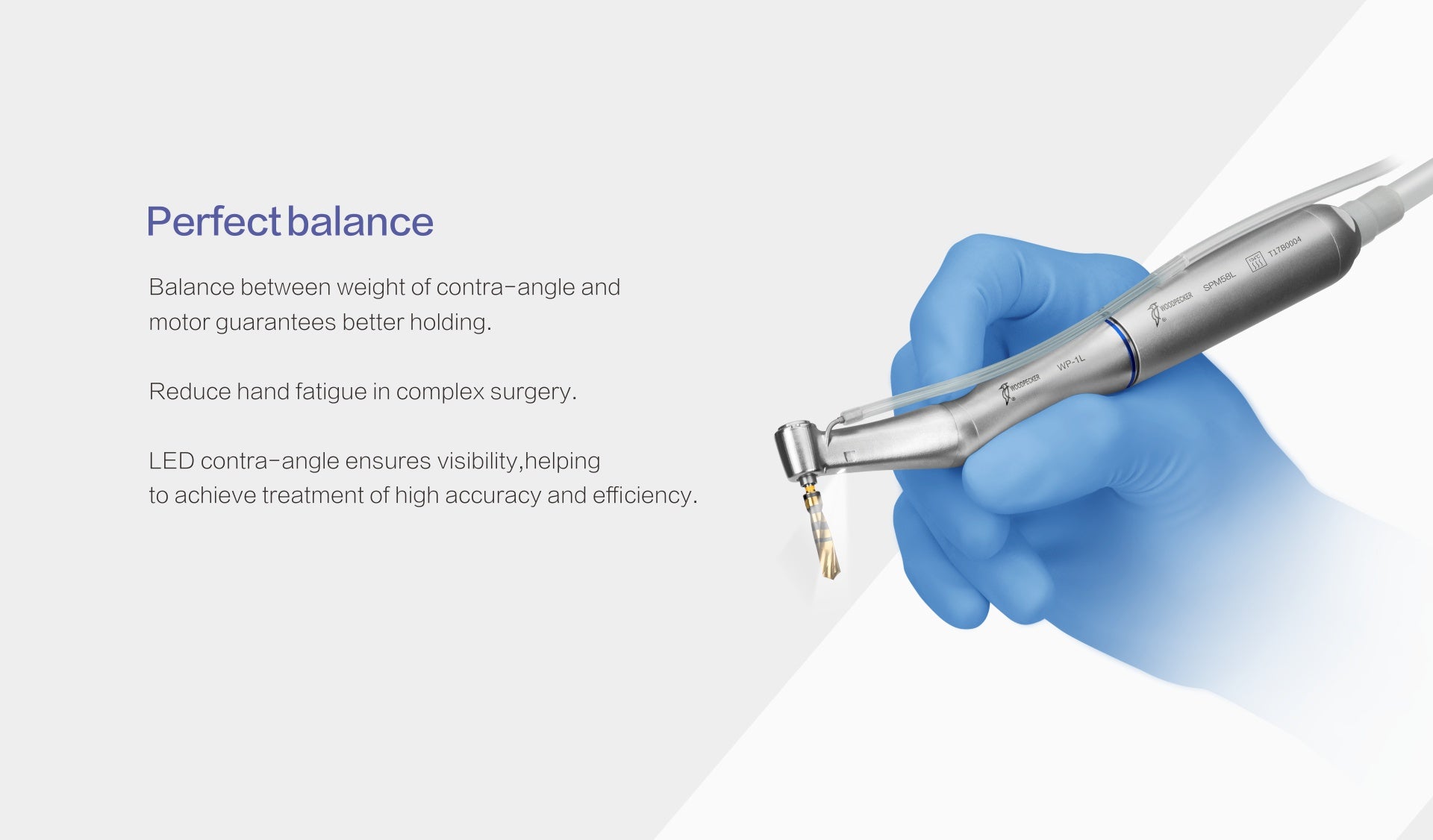 Woodpecker Implanter dental handpiece with an LED contra-angle, designed for optimal weight balance between the motor and handpiece to reduce hand fatigue. Ensures high accuracy and efficiency in implant procedures with enhanced visibility for complex surgeries.