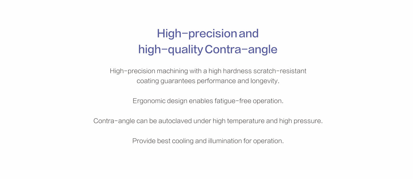 Woodpecker Implanter high-precision contra-angle handpiece with scratch-resistant coating for durability. Features an ergonomic design for fatigue-free operation, autoclavable under high temperature and pressure, with integrated cooling and illumination for enhanced surgical precision.