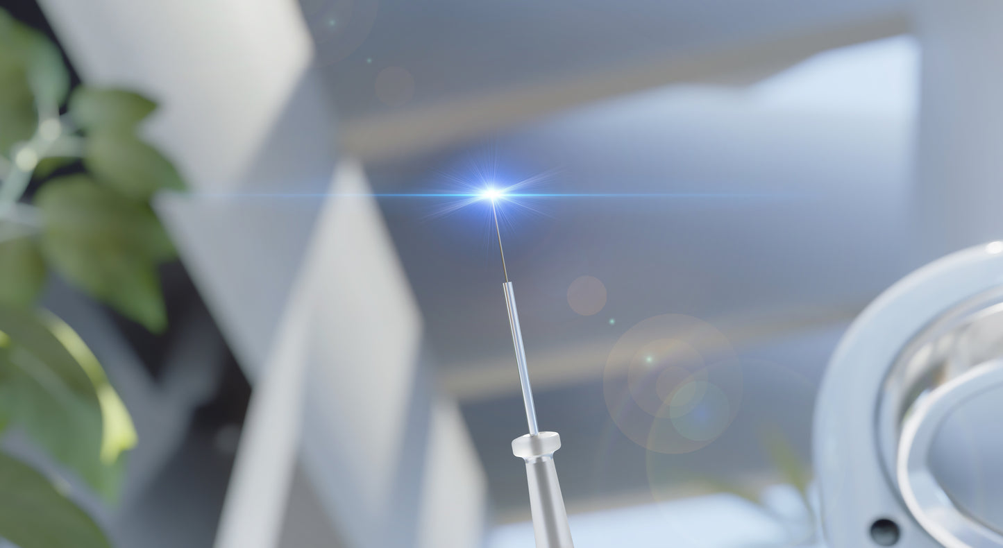 Close-up of the Woodpecker LX16 Plus dental laser handpiece emitting a focused blue laser beam. Designed for high-precision dental applications, including soft tissue treatment, bacterial reduction, and minimally invasive periodontal therapy. The modern clinical setting with a blurred background highlights the advanced laser technology for efficient and pain-free dental procedures.