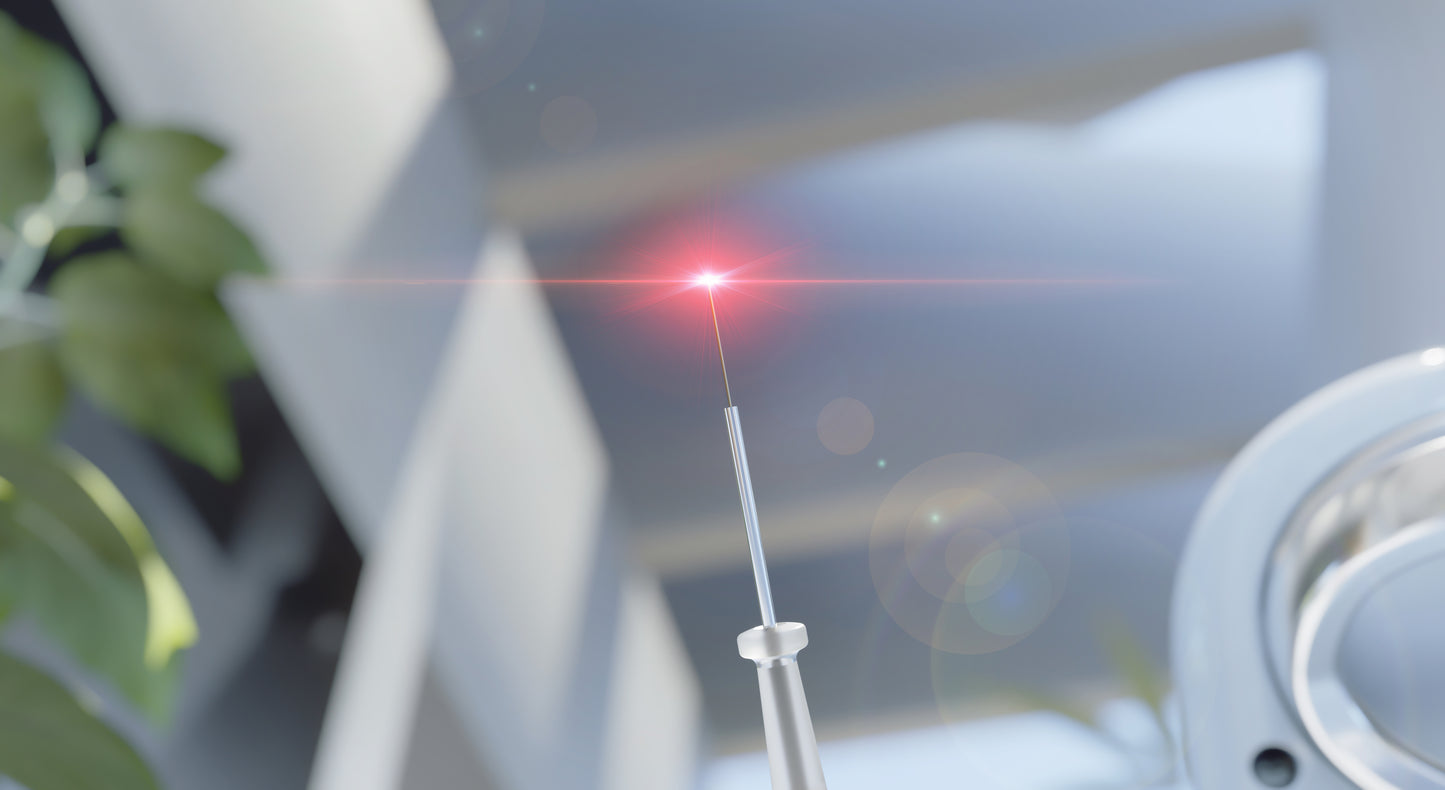 Close-up of the Woodpecker LX16 Plus dental laser handpiece emitting a focused red laser beam. The precision laser tip is designed for soft tissue treatments such as gingivectomy, frenectomy, and periodontal procedures. Captured in a modern clinical setting with a blurred background, highlighting advanced dental technology.