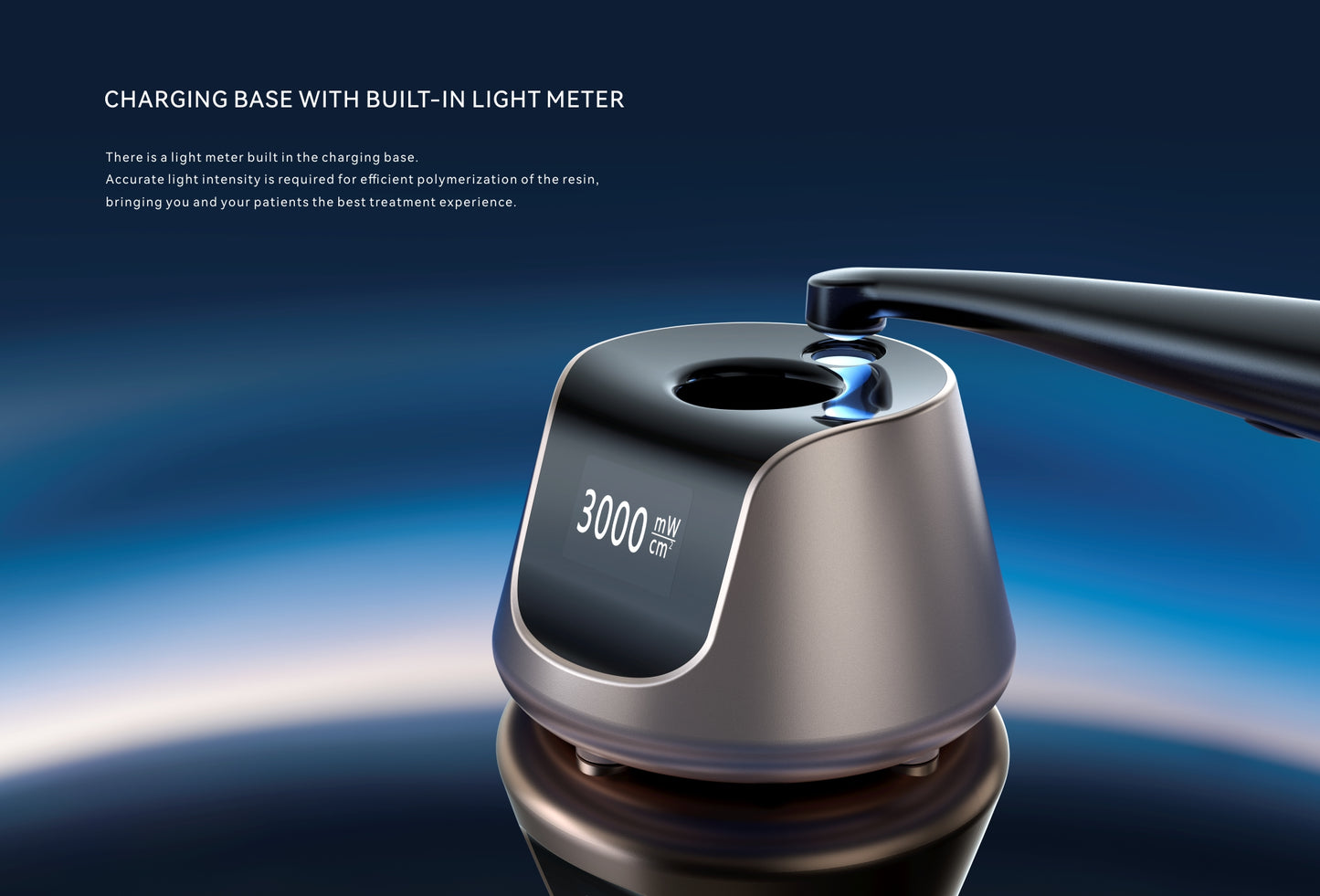 Woodpecker O-Star Curing Light placed on its smart charging base with a built-in light meter, ensuring optimal curing intensity for precision dental treatments.