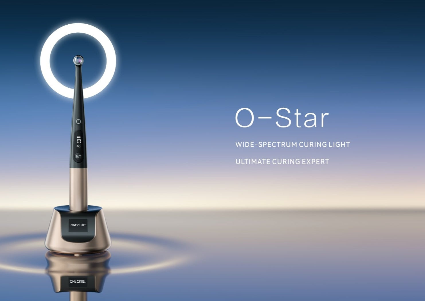 Woodpecker O-Star Curing Light, a professional wide-spectrum curing device for dental treatments, featuring an elegant and ergonomic design for efficient resin polymerization.