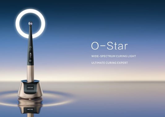 Woodpecker O-Star Curing Light, a professional wide-spectrum curing device for dental treatments, featuring an elegant and ergonomic design for efficient resin polymerization.