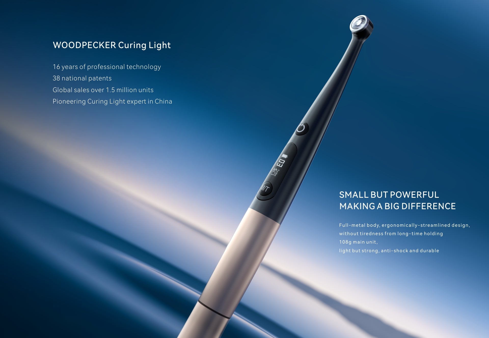 Close-up view of the Woodpecker O-Star Curing Light, highlighting its lightweight full-metal ergonomic body and user-friendly button interface for seamless dental procedures.