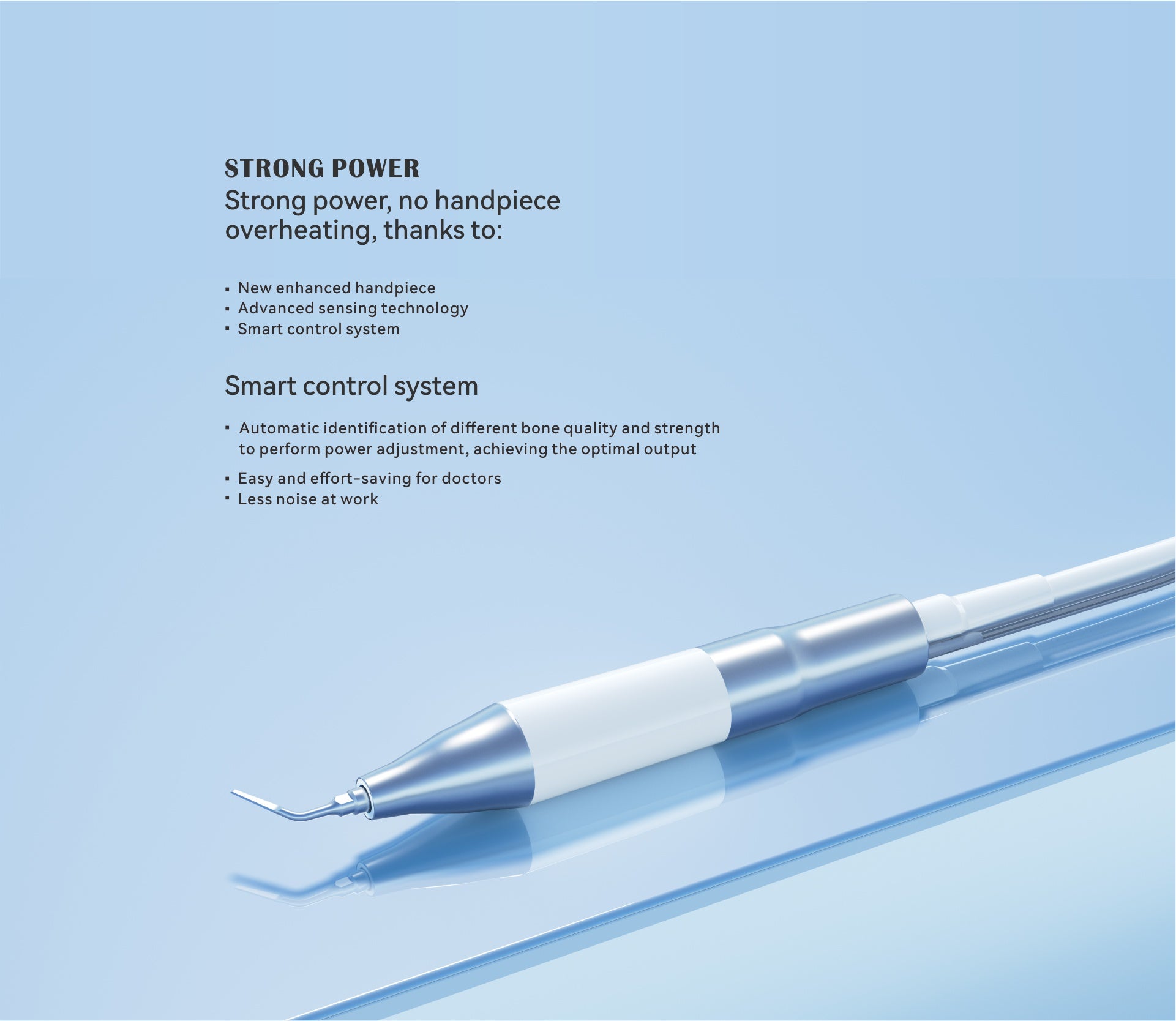 Close-up of the Woodpecker Piezo Surgic Smart dental handpiece with ergonomic design and smart control system. Features enhanced power, overheating prevention, and automatic bone quality detection for optimal performance in bone surgery and periodontal procedures.