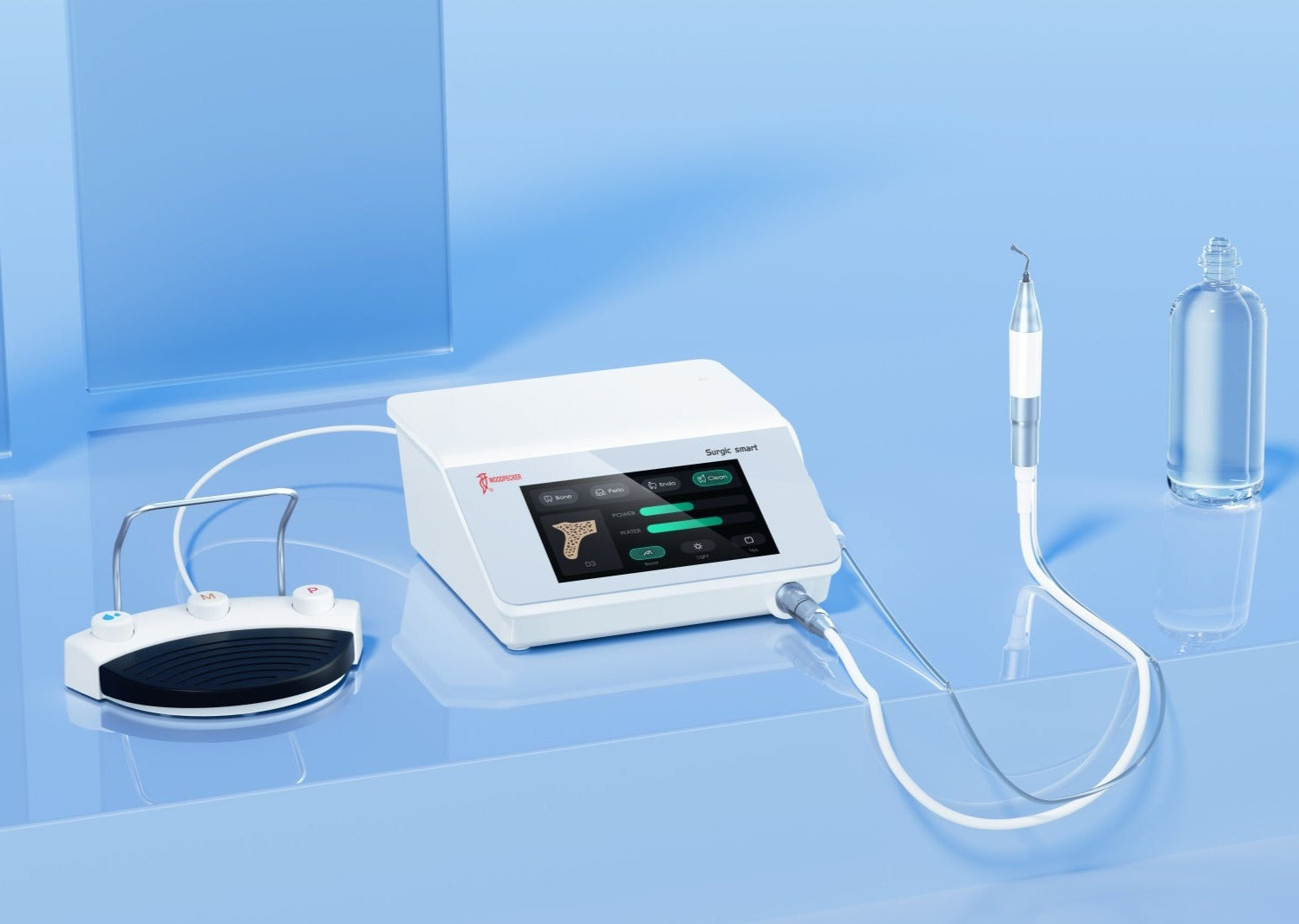 Woodpecker Piezo Surgic Smart ultrasonic dental surgery system with a touchscreen control unit, ergonomic piezoelectric handpiece, irrigation bottle, and foot pedal. Designed for precise bone cutting, sinus lifting, osteotomy, and periodontal surgery, ensuring minimally invasive and safe procedures.