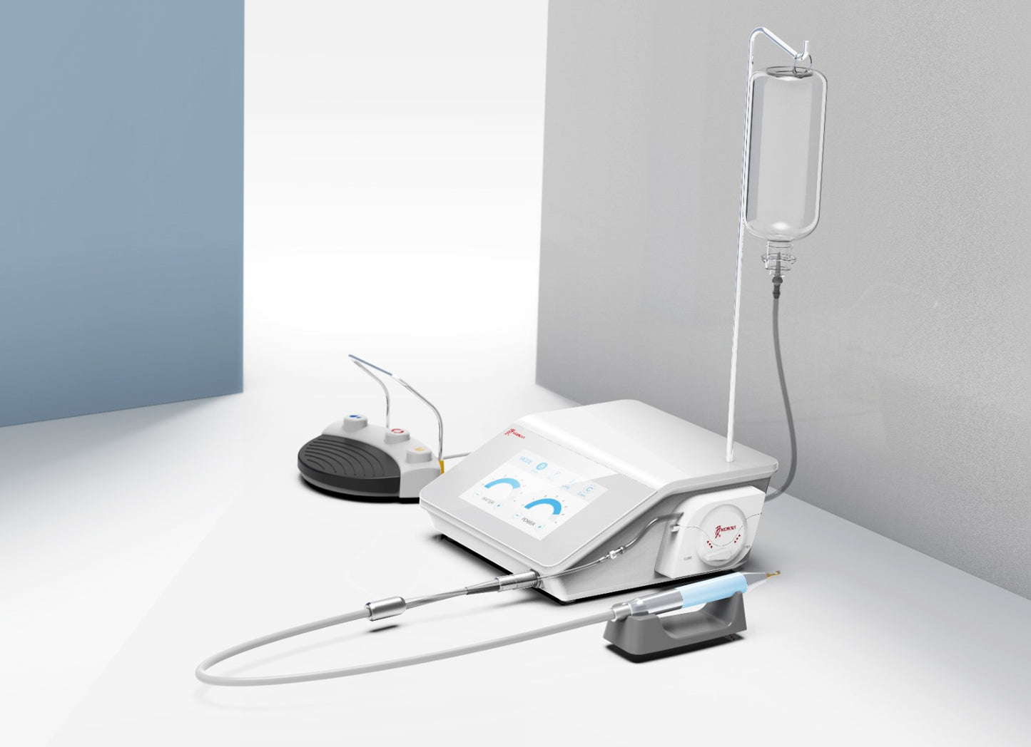 Woodpecker Piezo Surgic Touch dental surgery unit on a clean white surface. The setup includes a touchscreen control unit with adjustable settings, an ergonomic LED-illuminated handpiece resting on a holder, a transparent irrigation bottle for sterile fluid delivery, and a multifunctional foot pedal for hands-free operation. Designed for precision procedures such as sinus lifting, osteotomy, periodontal surgery, and implant site preparation, ensuring minimally invasive and efficient treatment.