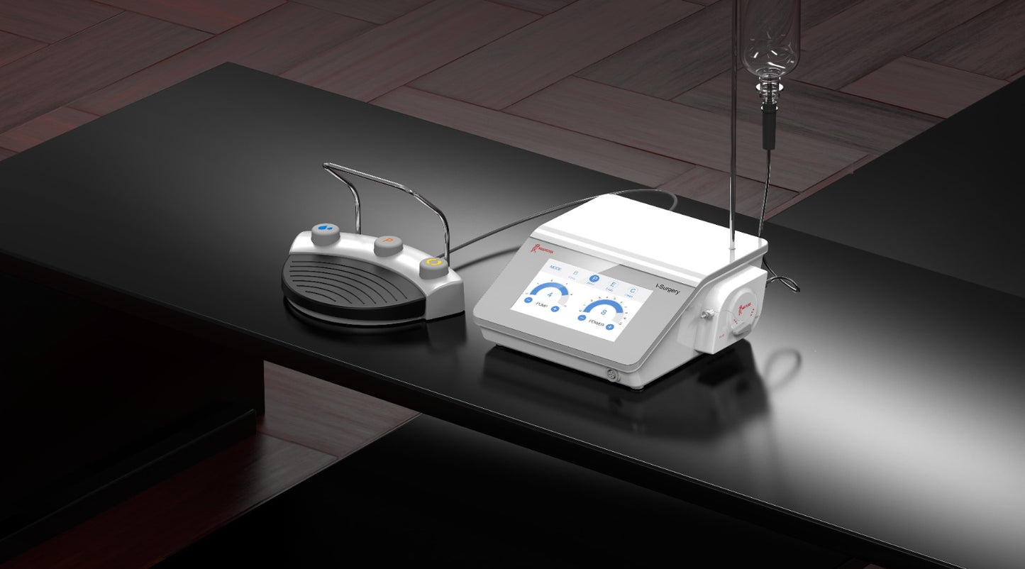 Woodpecker Piezo Surgic Touch dental ultrasonic bone surgery device with a touchscreen interface, LED-illuminated handpiece, irrigation system, and foot pedal. Designed for precision procedures like sinus lifting, osteotomy, and periodontal surgery, ensuring minimally invasive and accurate treatments.