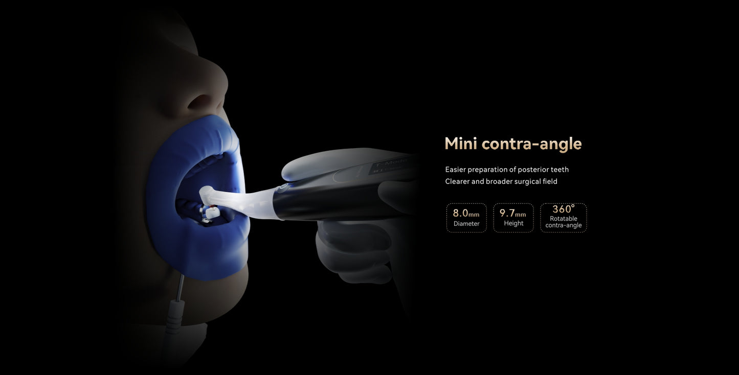 YOSHI AI Motor mini contra-angle handpiece – 360° rotatable contra-angle for easier posterior teeth preparation, improved surgical visibility, and enhanced access in endodontic procedures. Compact design with 8.0mm diameter and 9.7mm height for precision dentistry.