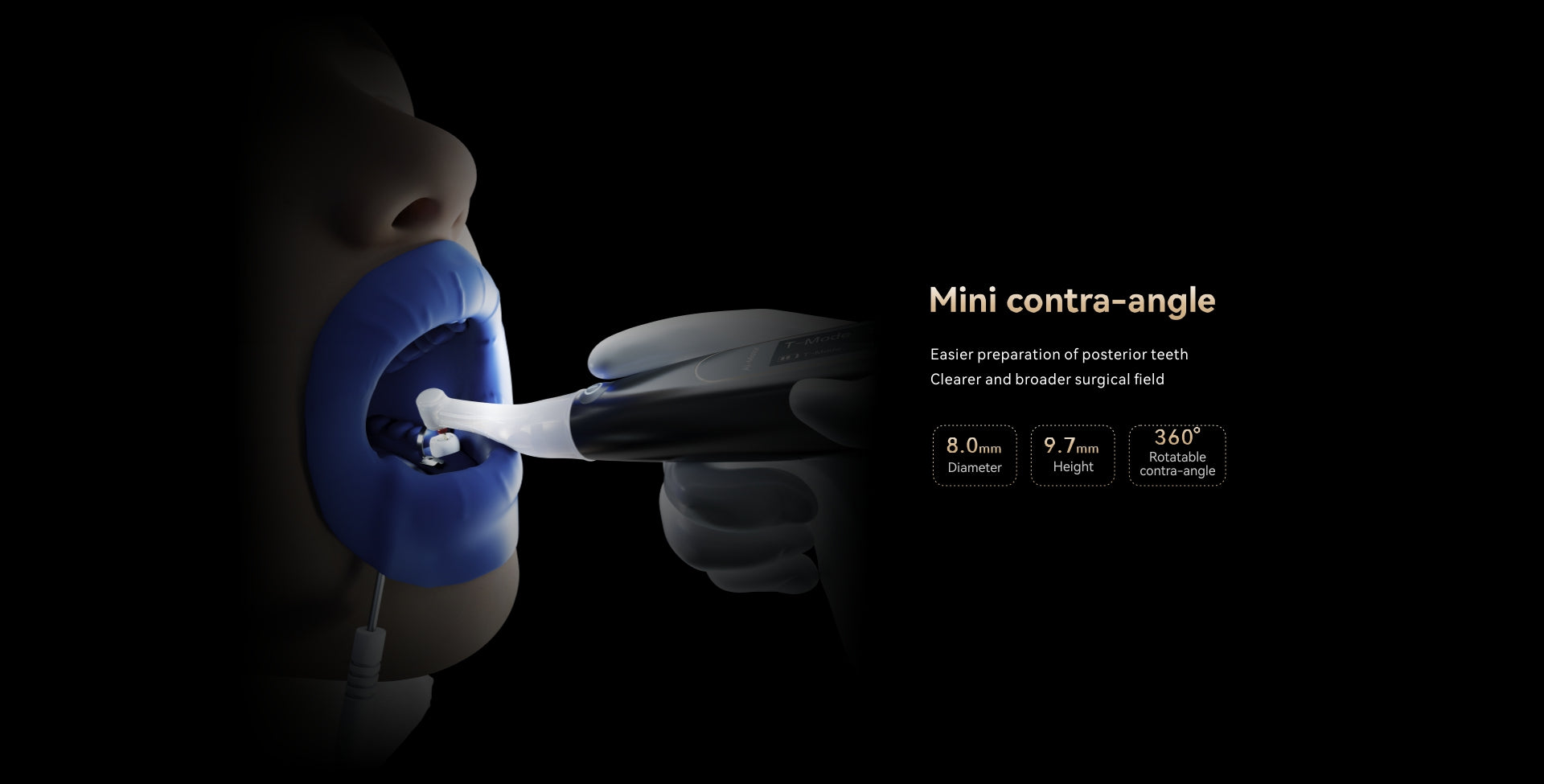 YOSHI AI Motor mini contra-angle handpiece – 360° rotatable contra-angle for easier posterior teeth preparation, improved surgical visibility, and enhanced access in endodontic procedures. Compact design with 8.0mm diameter and 9.7mm height for precision dentistry.
