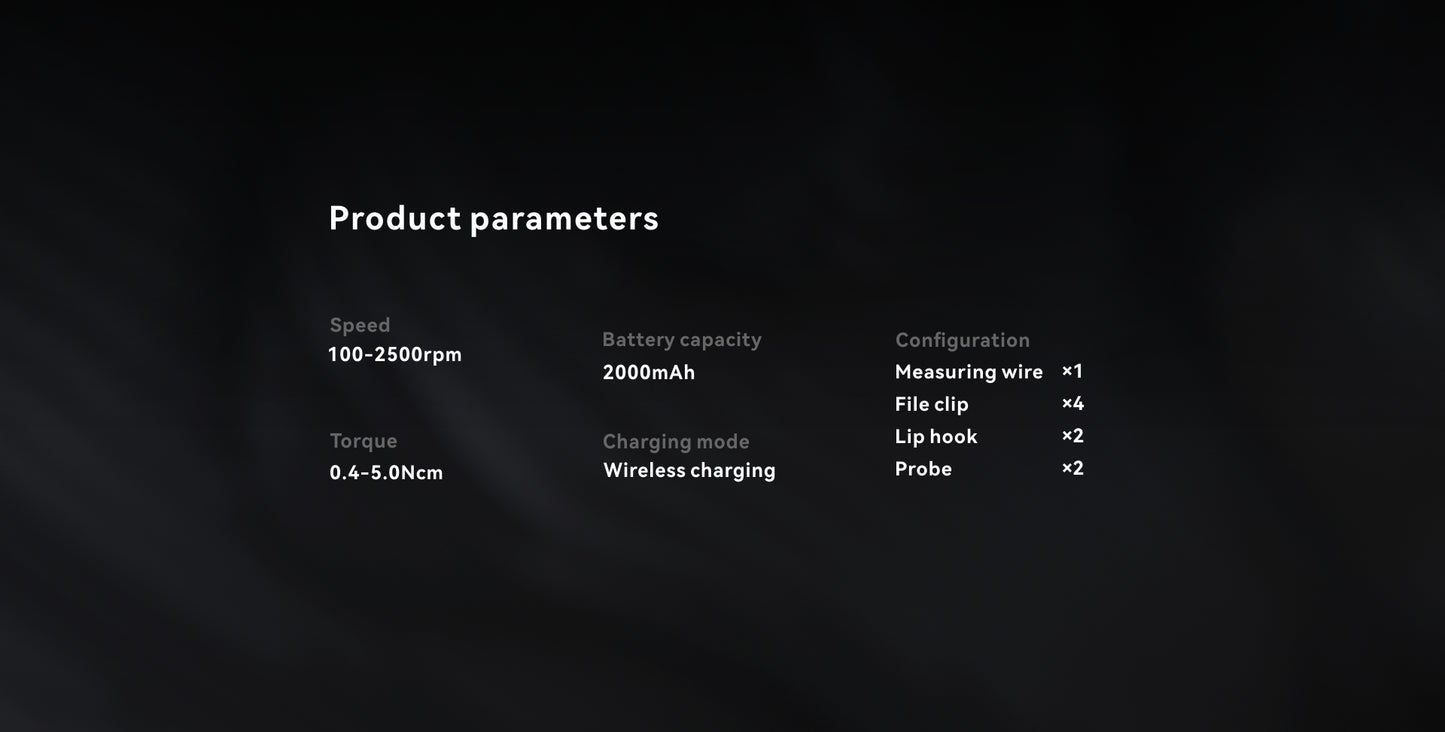YOSHI AI Motor product specifications – advanced endodontic motor with adjustable speed (100-2500 RPM), torque range (0.4-5.0 Ncm), 2000mAh battery capacity, and wireless charging. Includes measuring wire, file clips, lip hooks, and probes for precise root canal treatments.