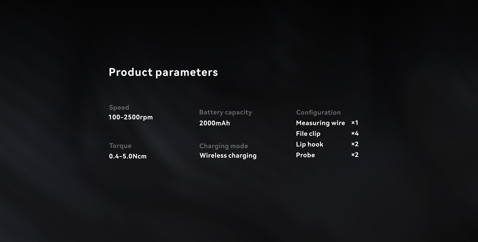 YOSHI AI Motor product specifications – advanced endodontic motor with adjustable speed (100-2500 RPM), torque range (0.4-5.0 Ncm), 2000mAh battery capacity, and wireless charging. Includes measuring wire, file clips, lip hooks, and probes for precise root canal treatments.