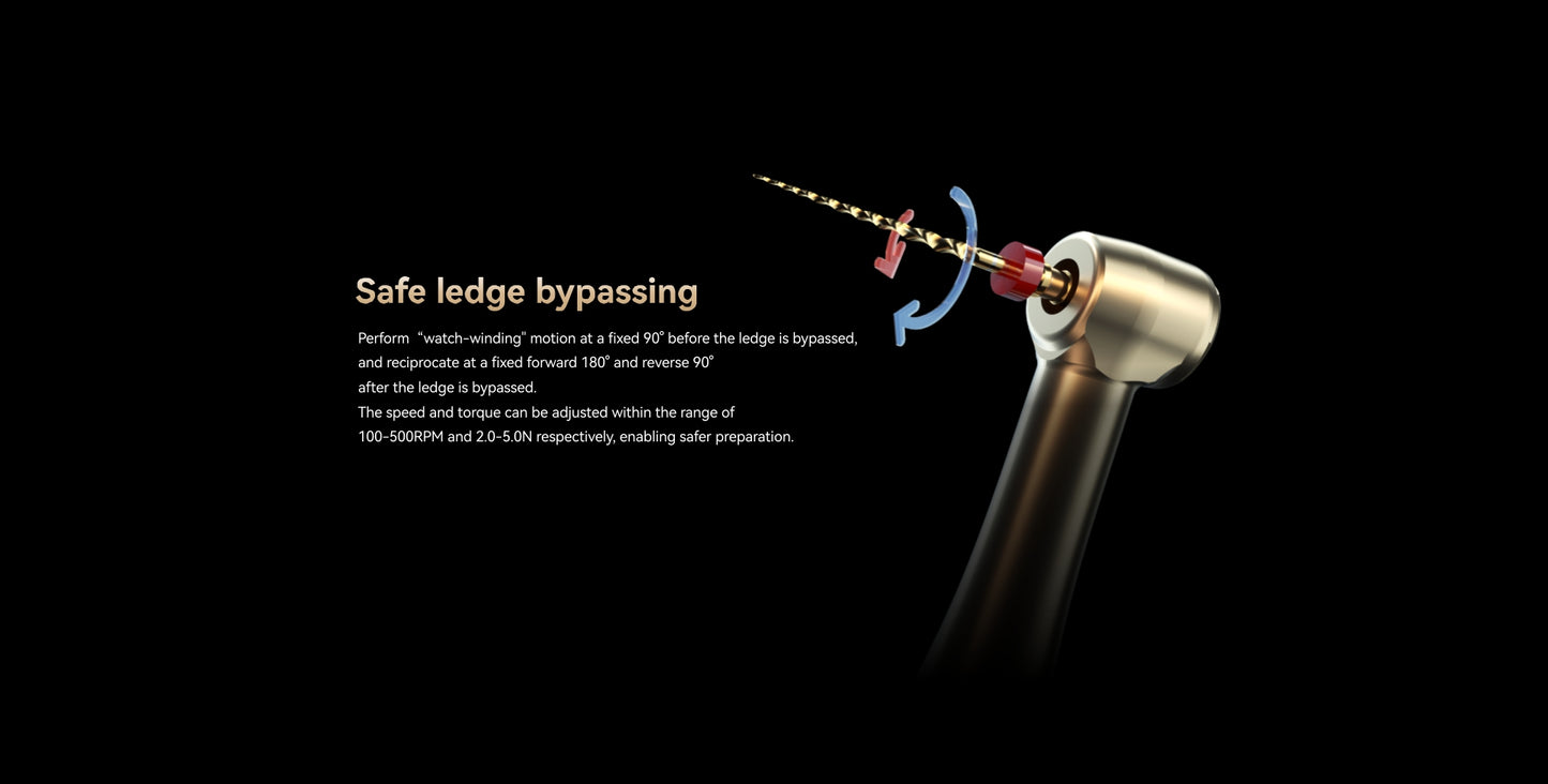 YOSHI AI Motor safe ledge bypassing feature – advanced endodontic technique using watch-winding motion at fixed angles (90°, 180°) for smooth navigation of root canal ledges. Adjustable speed (100-500 RPM) and torque (2.0-5.0N) ensure precision and safety in root canal preparation