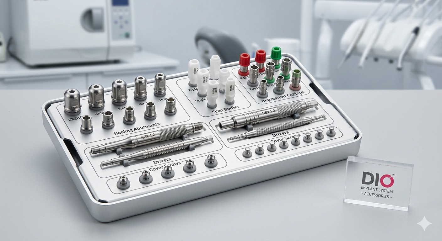 DIO implant accessories including scan bodies, healing abutments, and prosthetic components