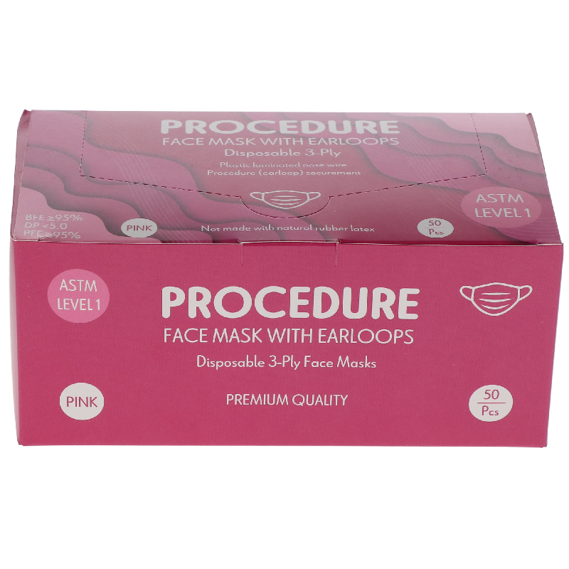 HSB - Earloop 3-PLY Masks 50/Bx ASTM Level 1 Pink, 10bx/cs
